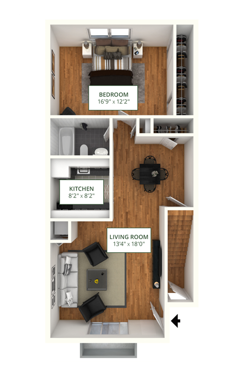 Floor plan for 1 bed, 1 bath, 740 sqft